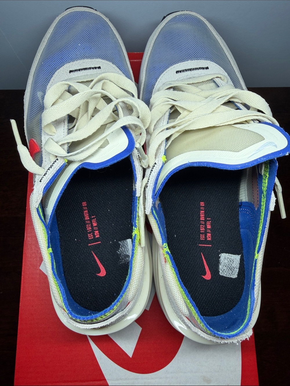 Nike Light Blue Sneakers with Red Swoosh and Neon Green Trim - Picture 2 of 6
